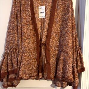 Free People Floral Kimono Top in Rust and Yellow